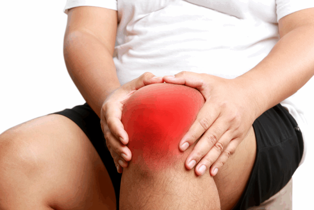 Overweight person holding a painful, inflamed knee—illustrating obesity-related joint pain, arthritis risk, and the impact of excess weight on knee healtharthritis and poor joint health