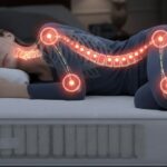 A person in bed holding their lower back in discomfort at night