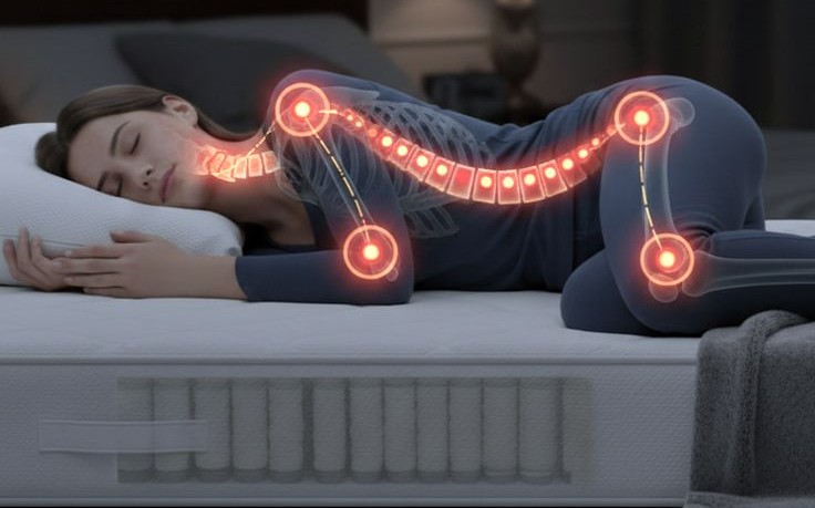 A person in bed holding their lower back in discomfort at night