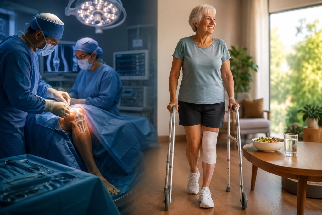 Patient walking with physiotherapist after same-day knee replacement surgery in Pune under the care of Dr. Ashish Suryawanshi.
