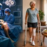 Patient walking with physiotherapist after same-day knee replacement surgery in Pune under the care of Dr. Ashish Suryawanshi.