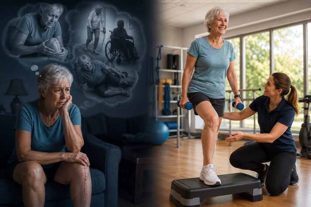 Patient taking cautious first steps after knee replacement surgery with guidance from a physiotherapist.