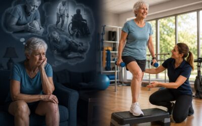 Patient taking cautious first steps after knee replacement surgery with guidance from a physiotherapist.