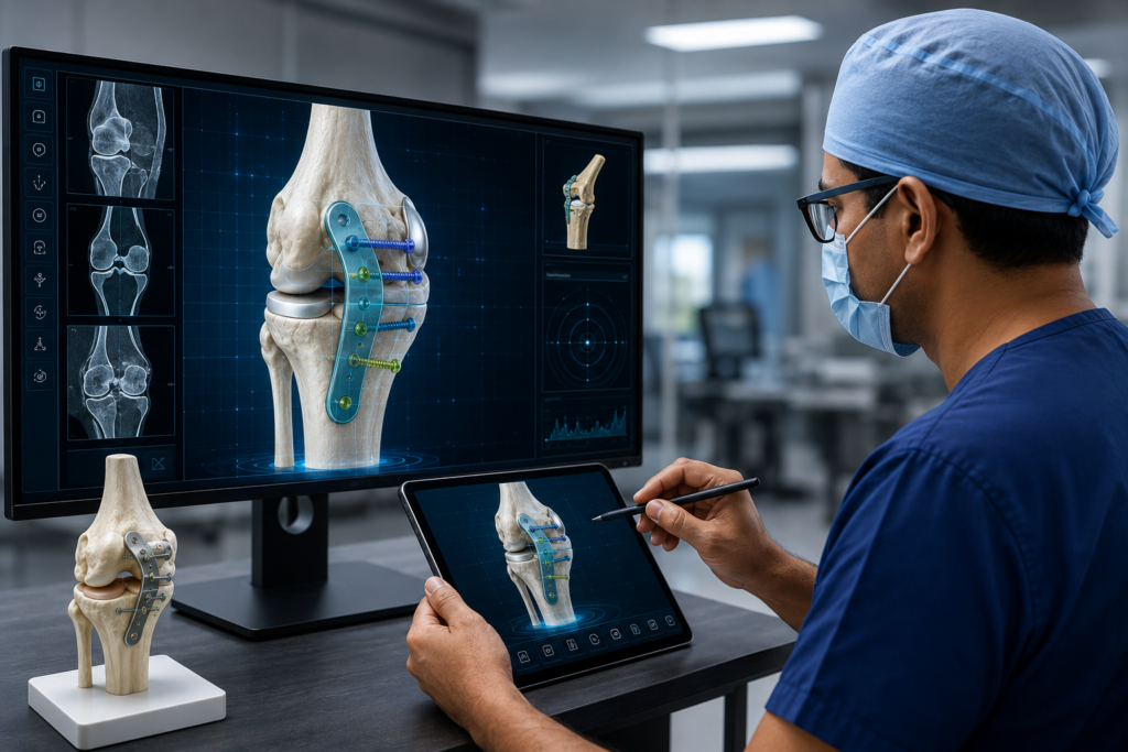 Orthopedic surgeon reviewing a 3D digital model of a patient's bone structure for surgical planning