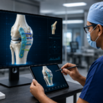 Orthopedic surgeon reviewing a 3D digital model of a patient's bone structure for surgical planning