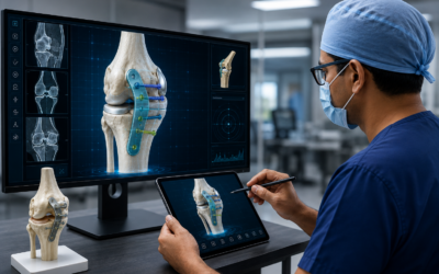 Orthopedic surgeon reviewing a 3D digital model of a patient's bone structure for surgical planning