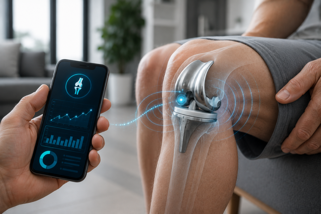 Advanced smart knee implant transmitting recovery data to a smartphone application for real-time monitoring