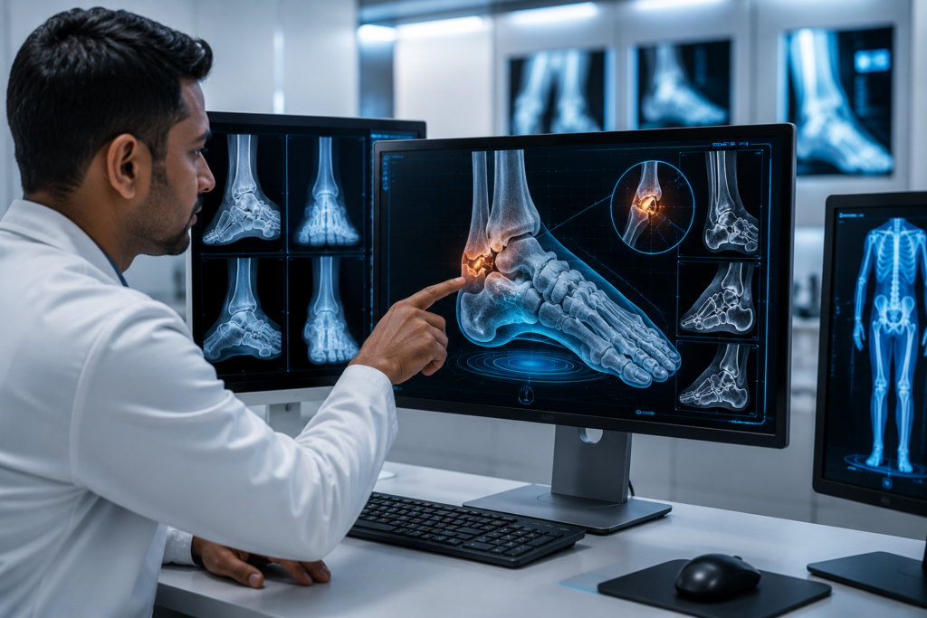 Orthopedic specialist reviewing AI-assisted bone scan highlighting a subtle fracture on a digital medical imaging screen
