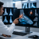 Orthopedic specialist reviewing AI-assisted bone scan highlighting a subtle fracture on a digital medical imaging screen