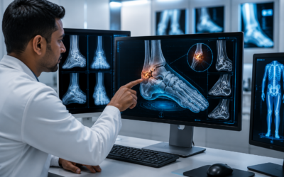 Orthopedic specialist reviewing AI-assisted bone scan highlighting a subtle fracture on a digital medical imaging screen