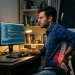Software engineer experiencing lower back pain from prolonged sitting due to L4-L5 disc herniation while working in an IT office in Hinjewadi Pune