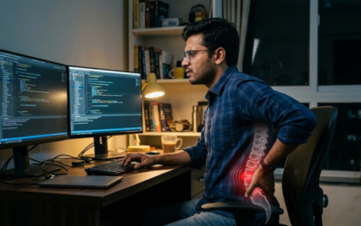 Software engineer experiencing lower back pain from prolonged sitting due to L4-L5 disc herniation while working in an IT office in Hinjewadi Pune