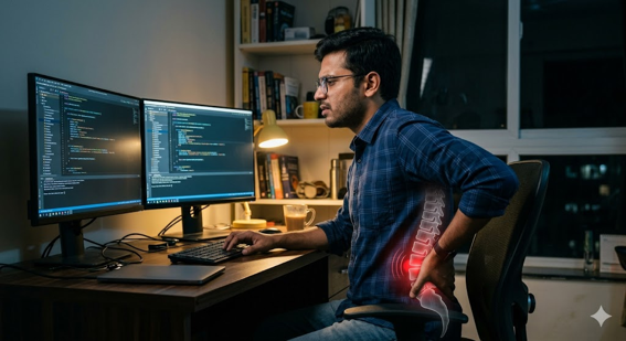 Software engineer experiencing lower back pain from prolonged sitting due to L4-L5 disc herniation while working in an IT office in Hinjewadi Pune