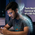 Young software professional suffering from neck pain caused by prolonged smartphone and computer use in Pune office environment