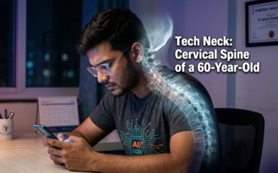 Young software professional suffering from neck pain caused by prolonged smartphone and computer use in Pune office environment