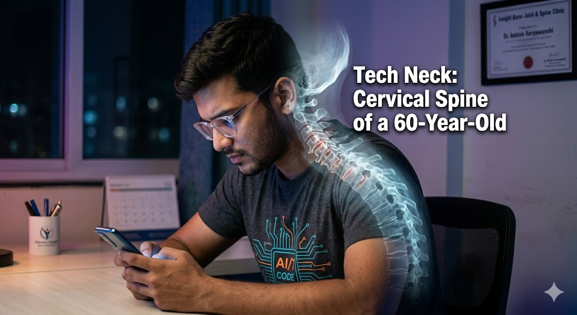 Young software professional suffering from neck pain caused by prolonged smartphone and computer use in Pune office environment