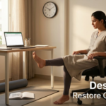 Office worker performing desk exercises to improve leg circulation and reduce knee and ankle pain from prolonged sitting