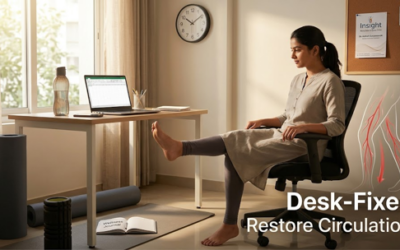 Office worker performing desk exercises to improve leg circulation and reduce knee and ankle pain from prolonged sitting