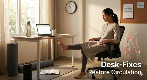 Office worker performing desk exercises to improve leg circulation and reduce knee and ankle pain from prolonged sitting