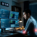 Young IT professional working late at night on a computer, highlighting the effects of blue light exposure on bone and joint health