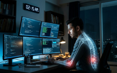 Young IT professional working late at night on a computer, highlighting the effects of blue light exposure on bone and joint health