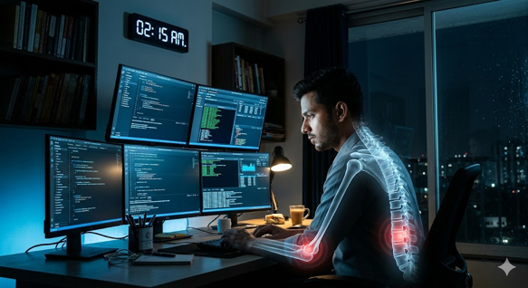 Young IT professional working late at night on a computer, highlighting the effects of blue light exposure on bone and joint health