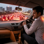 Office professional sitting in heavy traffic experiencing lower back pain and spinal discomfort during a daily commute in Pune