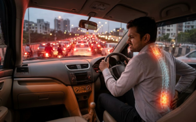 Office professional sitting in heavy traffic experiencing lower back pain and spinal discomfort during a daily commute in Pune