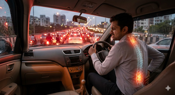 Office professional sitting in heavy traffic experiencing lower back pain and spinal discomfort during a daily commute in Pune