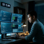 Young professional using a smart posture wearable while working at a desk to improve posture and reduce back pain