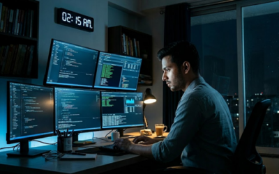 Young professional using a smart posture wearable while working at a desk to improve posture and reduce back pain