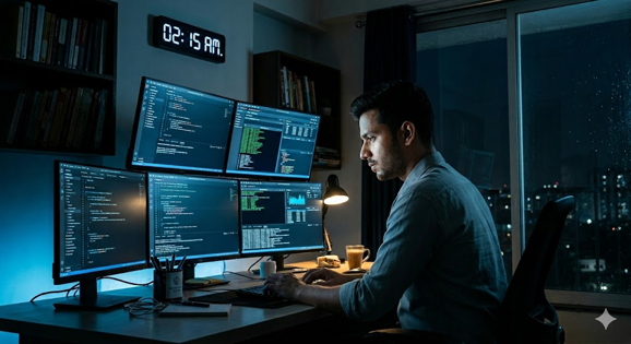 Young professional using a smart posture wearable while working at a desk to improve posture and reduce back pain