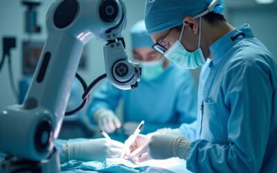 Orthopedic surgeon performing robotic-assisted knee surgery with advanced precision technology in a modern operating room
