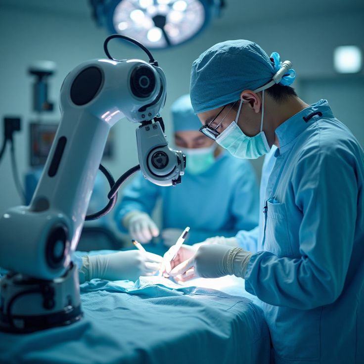 Orthopedic surgeon performing robotic-assisted knee surgery with advanced precision technology in a modern operating room